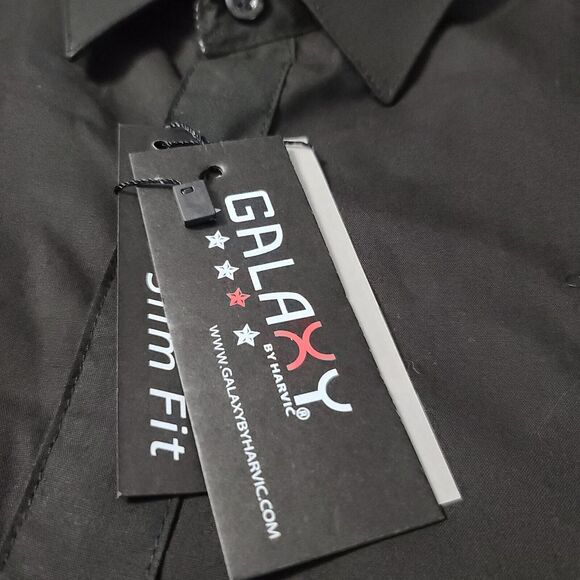 NWT Galaxy Mens Button Up Shirt Black Size 2XL Short Sleeve Black Slim Fit Point - Picture 7 of 12